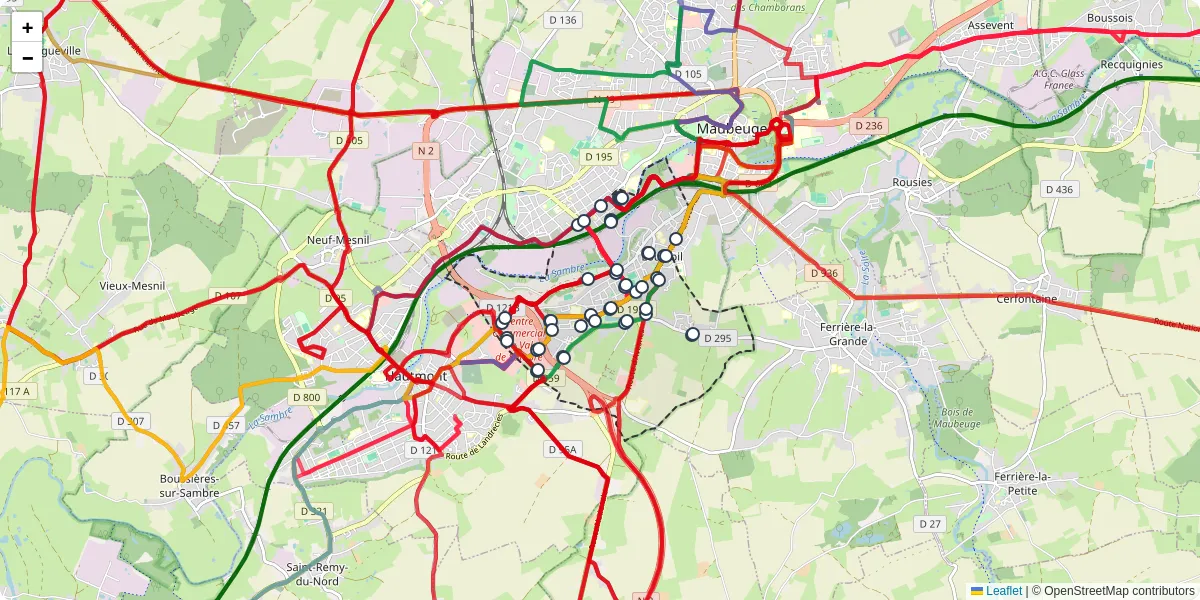 Carte du réseau de transport en commun à Louvroil - lignes de bus et arrêts