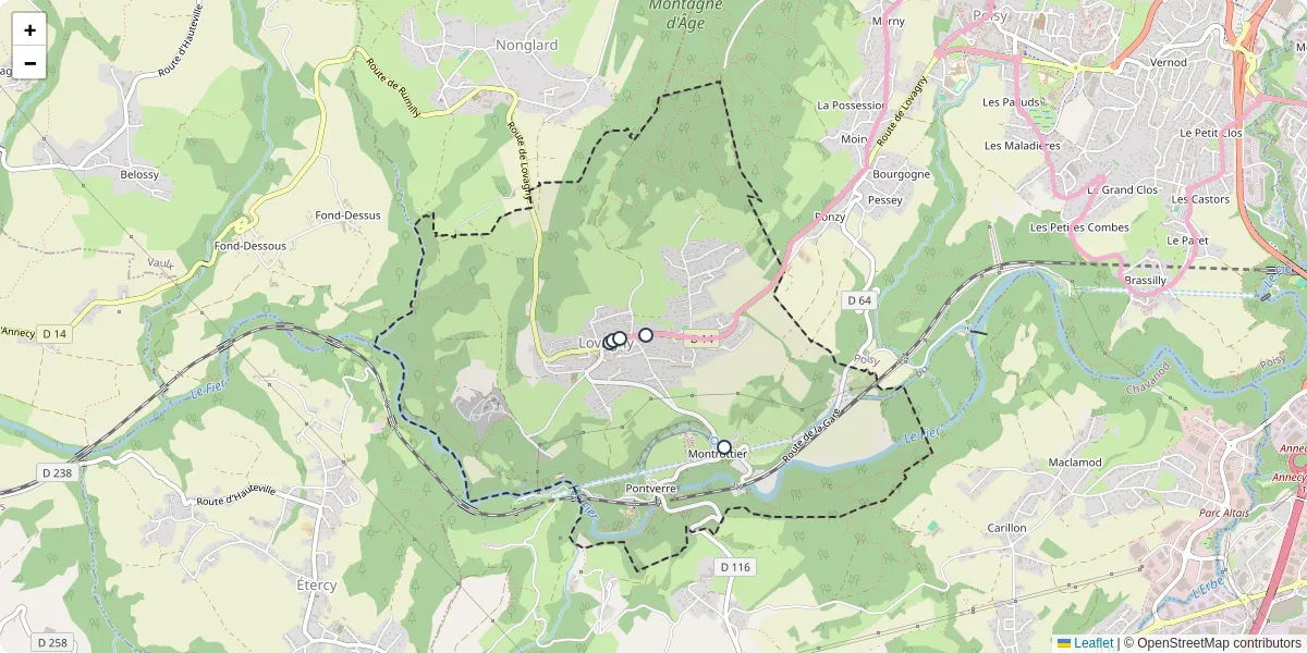 Carte du réseau de transport en commun à Lovagny - lignes de bus et arrêts