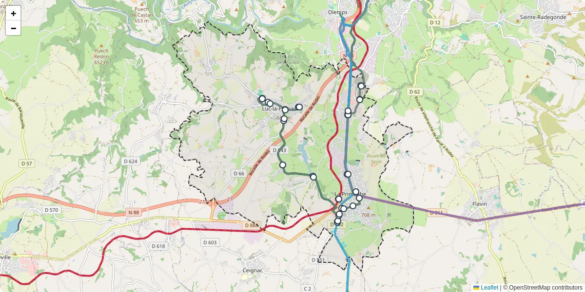 Carte du réseau de transport en commun à Luc-la-Primaube - lignes de bus et arrêts