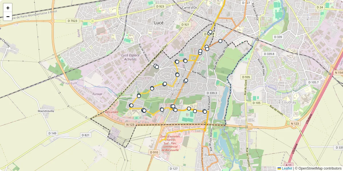 Carte du réseau de transport en commun à Luisant - lignes de bus et arrêts