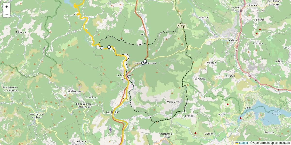 Carte du réseau de transport en commun à Lunas-les-Châteaux - lignes de bus et arrêts