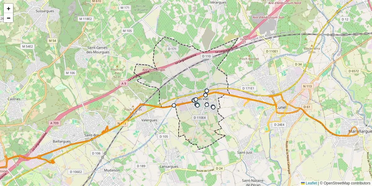 Carte du réseau de transport en commun à Lunel-Viel - lignes de bus et arrêts