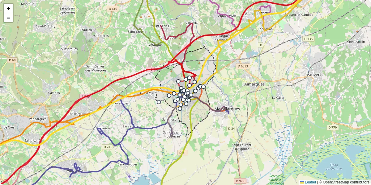 Carte du réseau de transport en commun à Lunel - lignes de bus et arrêts