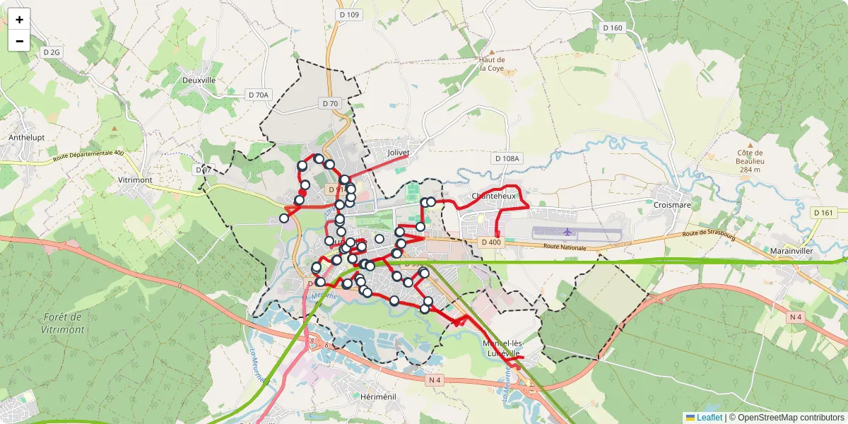 Carte du réseau de transport en commun à Lunéville - lignes de bus et arrêts