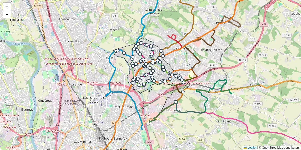 Carte du réseau de transport en commun à L'Union - lignes de bus et arrêts