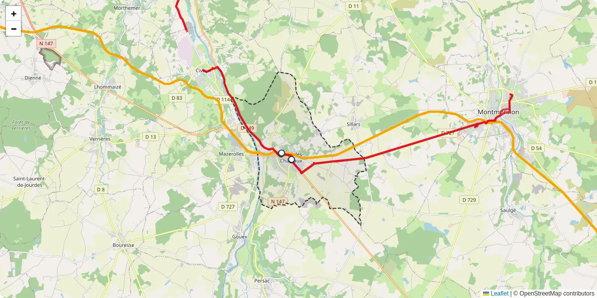 Carte du réseau de transport en commun à Lussac-les-Châteaux - lignes de bus et arrêts