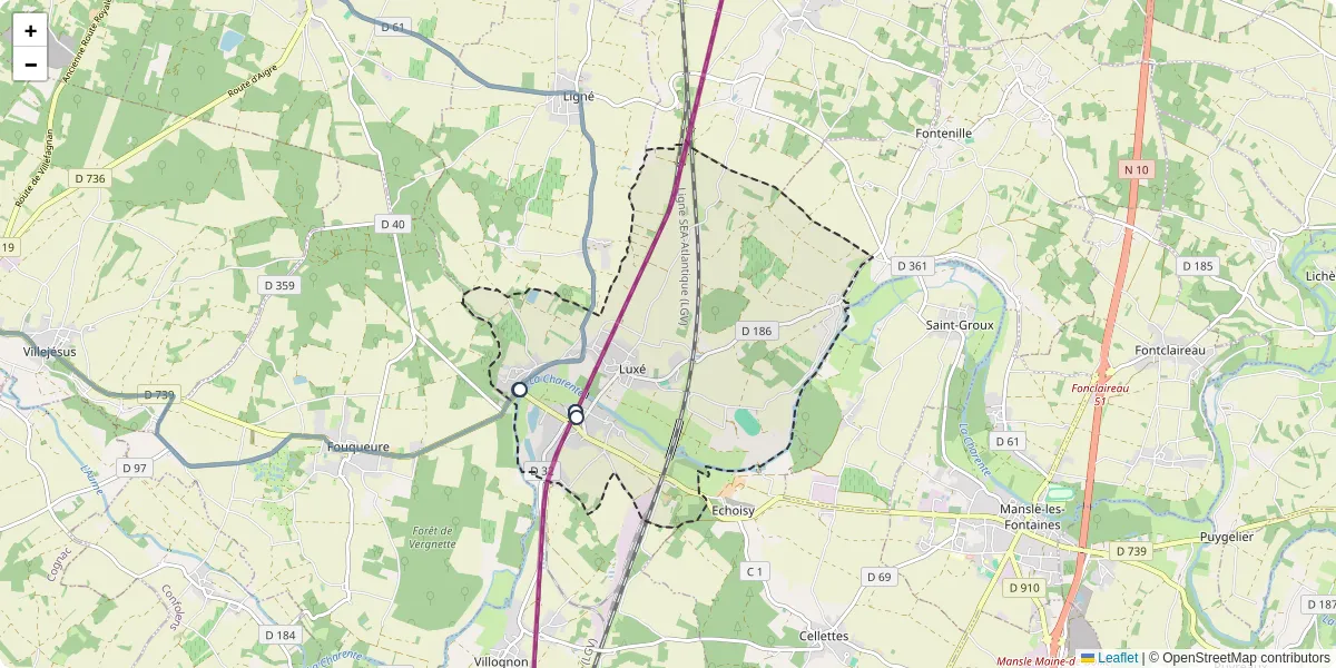 Carte du réseau de transport en commun à Luxé - lignes de bus et arrêts