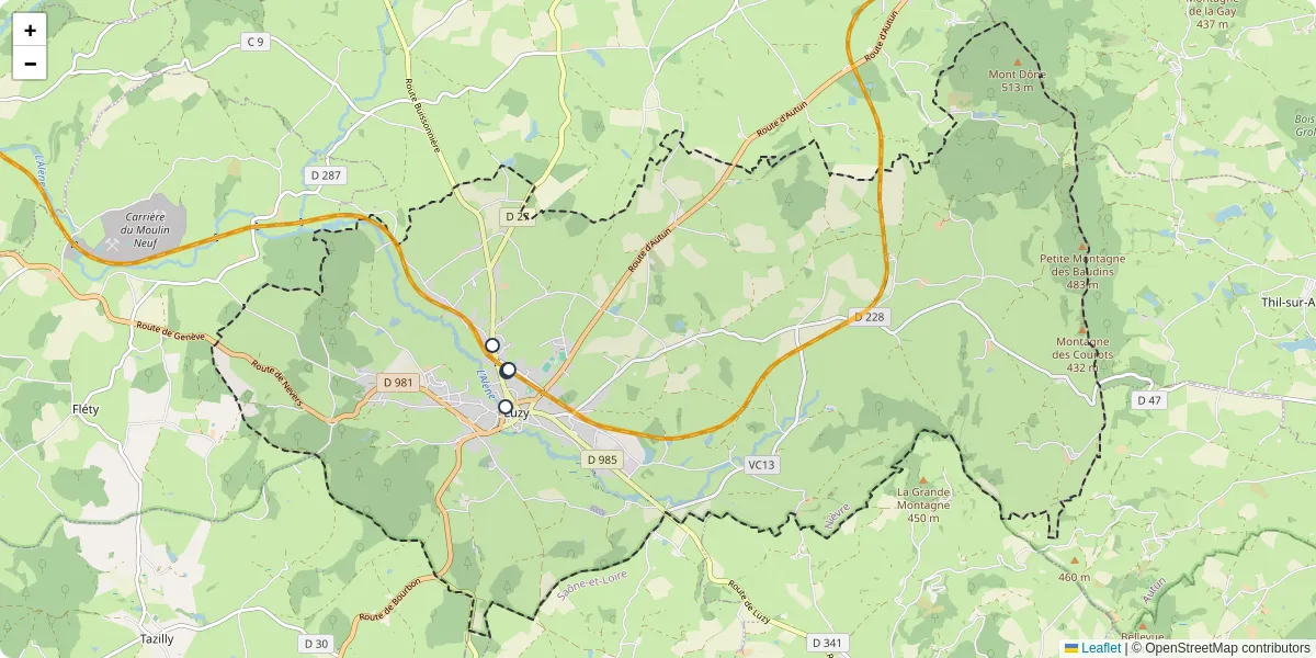 Carte du réseau de transport en commun à Luzy - lignes de bus et arrêts