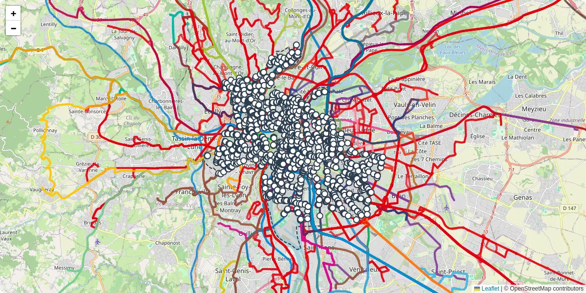 Carte du réseau de transport en commun à Lyon - lignes de bus et arrêts