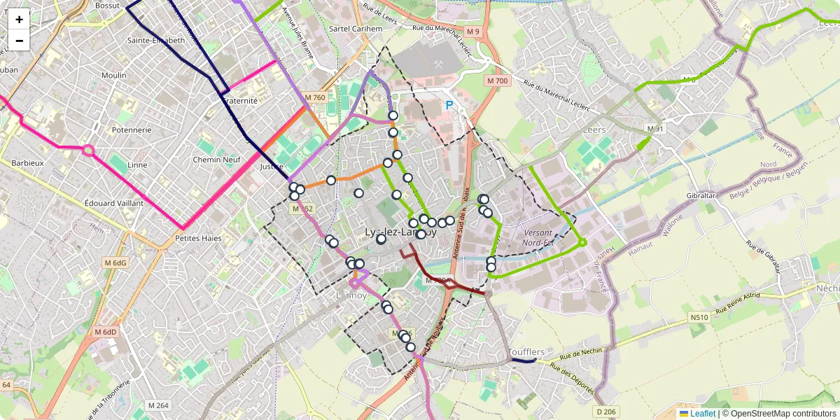 Carte du réseau de transport en commun à Lys-lez-Lannoy - lignes de bus et arrêts