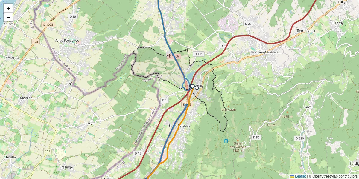 Carte du réseau de transport en commun à Machilly - lignes de bus et arrêts