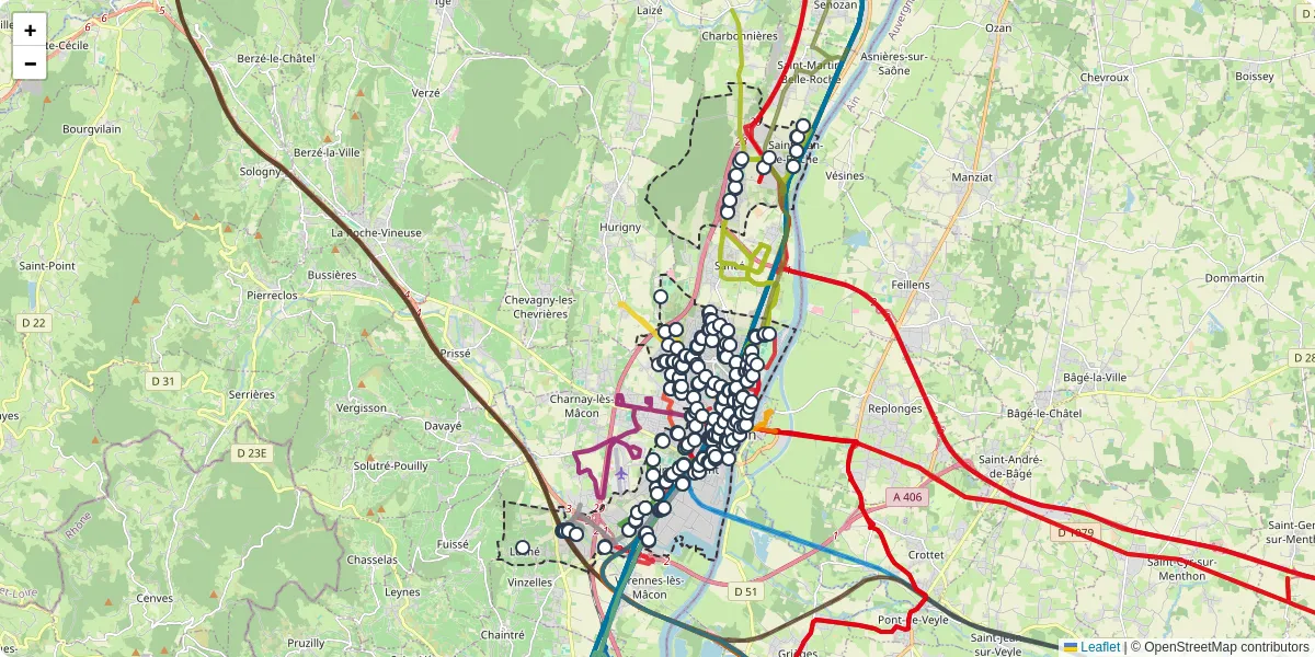 Carte du réseau de transport en commun à Mâcon - lignes de bus et arrêts