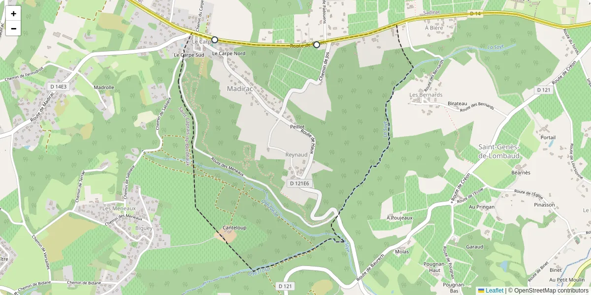 Carte du réseau de transport en commun à Madirac - lignes de bus et arrêts