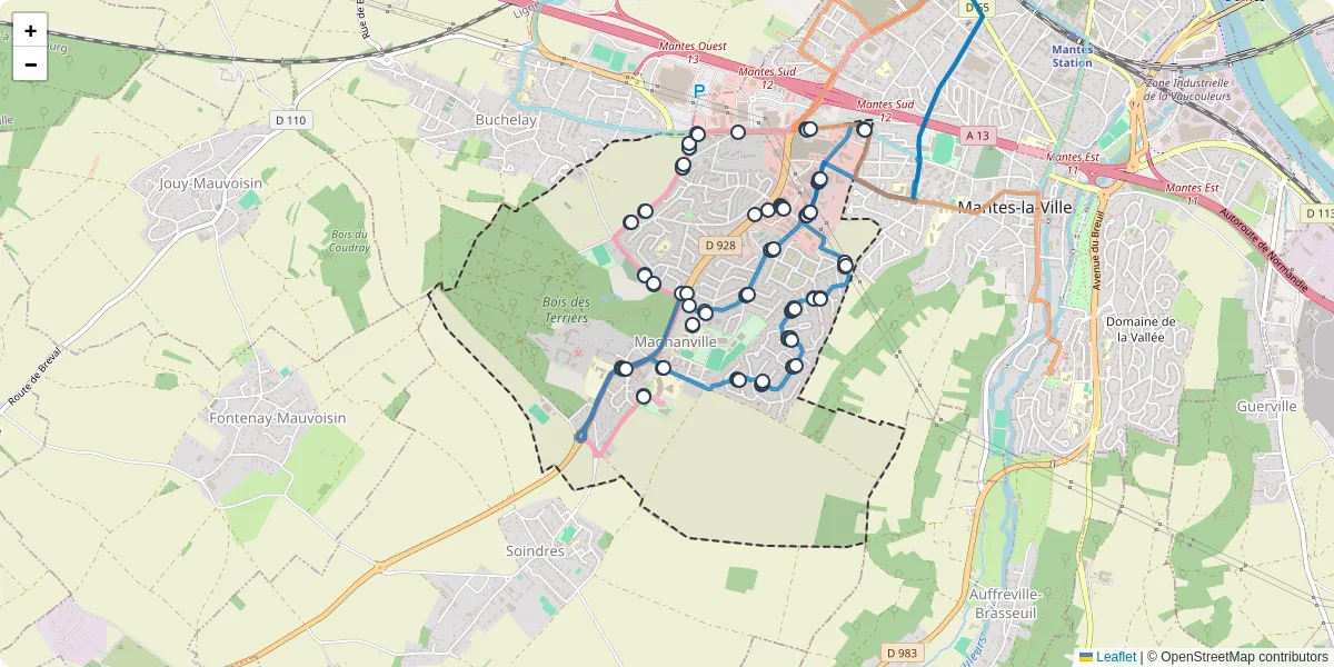 Carte du réseau de transport en commun à Magnanville - lignes de bus et arrêts