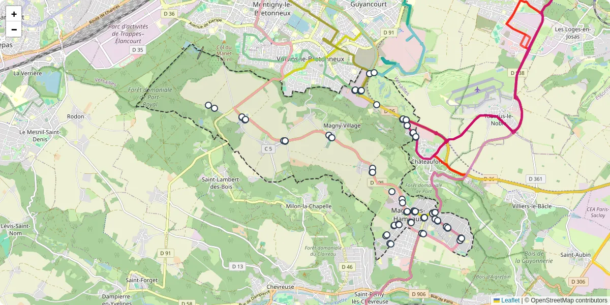 Carte du réseau de transport en commun à Magny-les-Hameaux - lignes de bus et arrêts