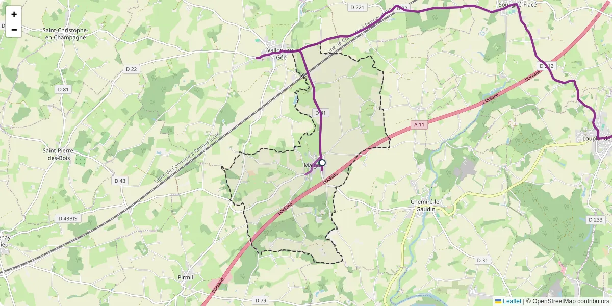 Carte du réseau de transport en commun à Maigné - lignes de bus et arrêts