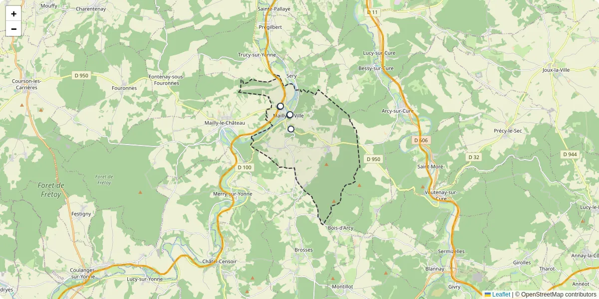 Carte du réseau de transport en commun à Mailly-la-Ville - lignes de bus et arrêts