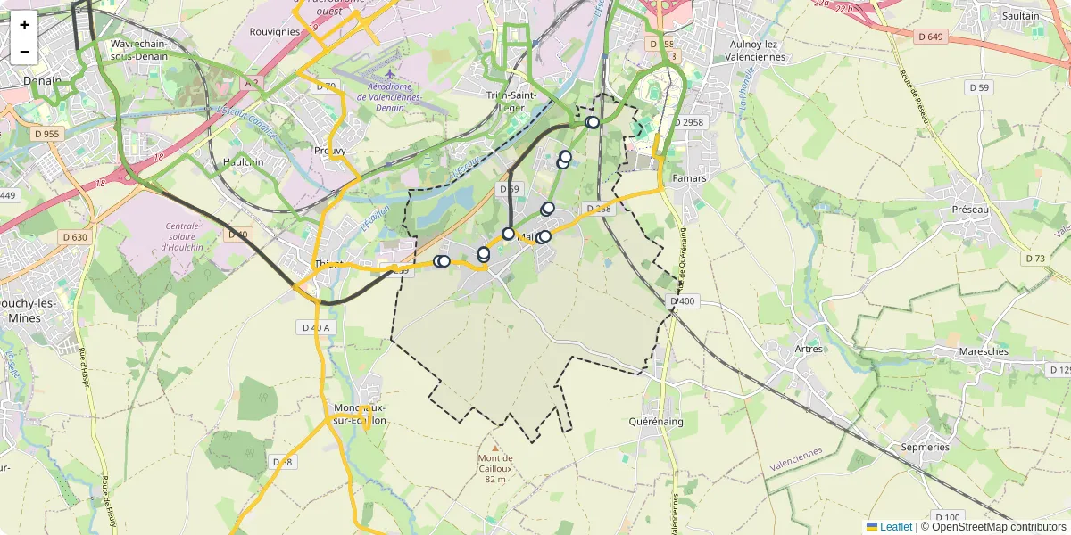 Carte du réseau de transport en commun à Maing - lignes de bus et arrêts