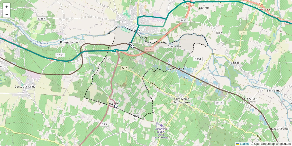Carte du réseau de transport en commun à Mainxe-Gondeville - lignes de bus et arrêts