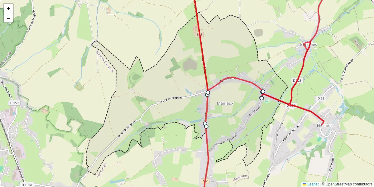 Carte du réseau de transport en commun à Mairieux - lignes de bus et arrêts