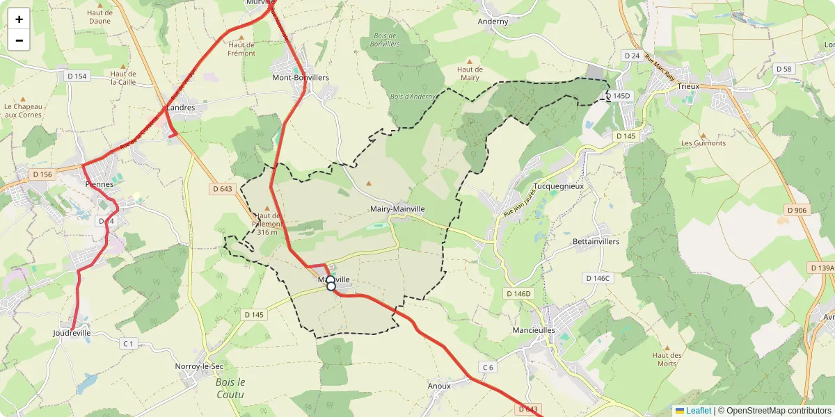 Carte du réseau de transport en commun à Mairy-Mainville - lignes de bus et arrêts