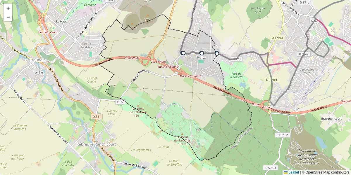 Carte du réseau de transport en commun à Maisnil-lès-Ruitz - lignes de bus et arrêts