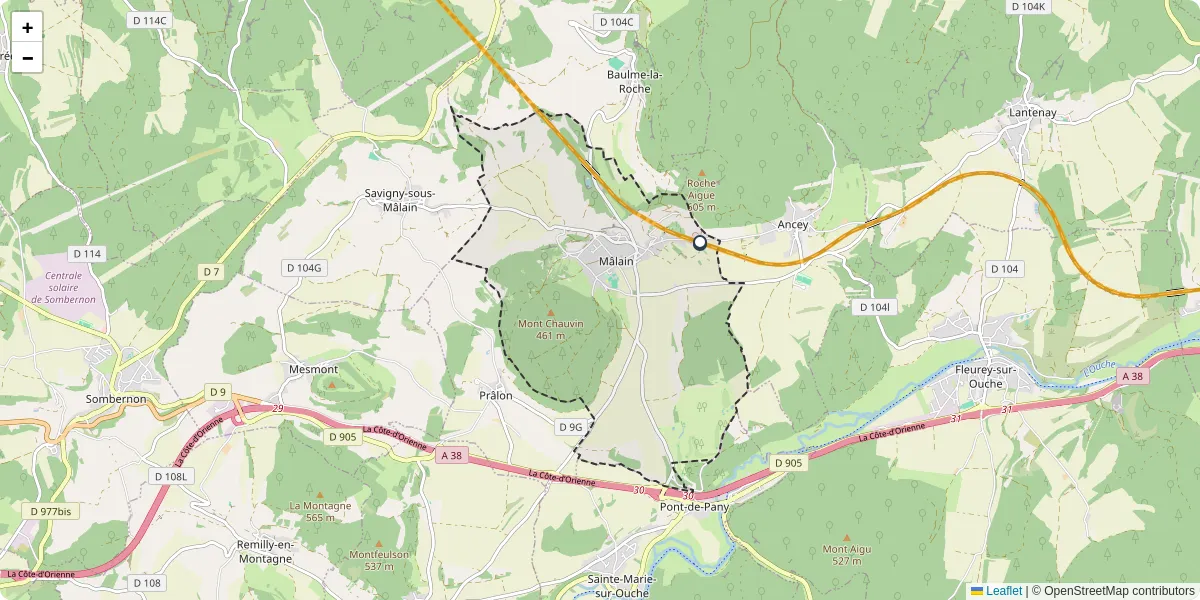 Carte du réseau de transport en commun à Mâlain - lignes de bus et arrêts
