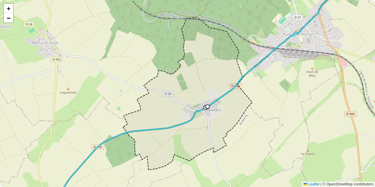 Carte du réseau de transport en commun à Malavillers - lignes de bus et arrêts
