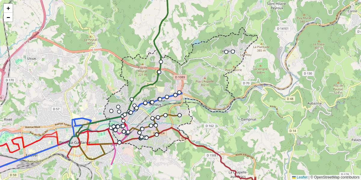 Carte du réseau de transport en commun à Malemort - lignes de bus et arrêts
