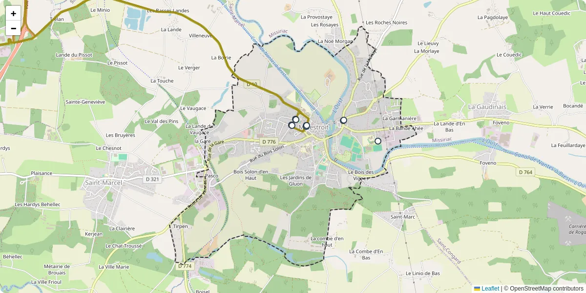 Carte du réseau de transport en commun à Malestroit - lignes de bus et arrêts