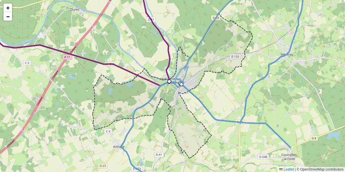 Carte du réseau de transport en commun à Malicorne-sur-Sarthe - lignes de bus et arrêts