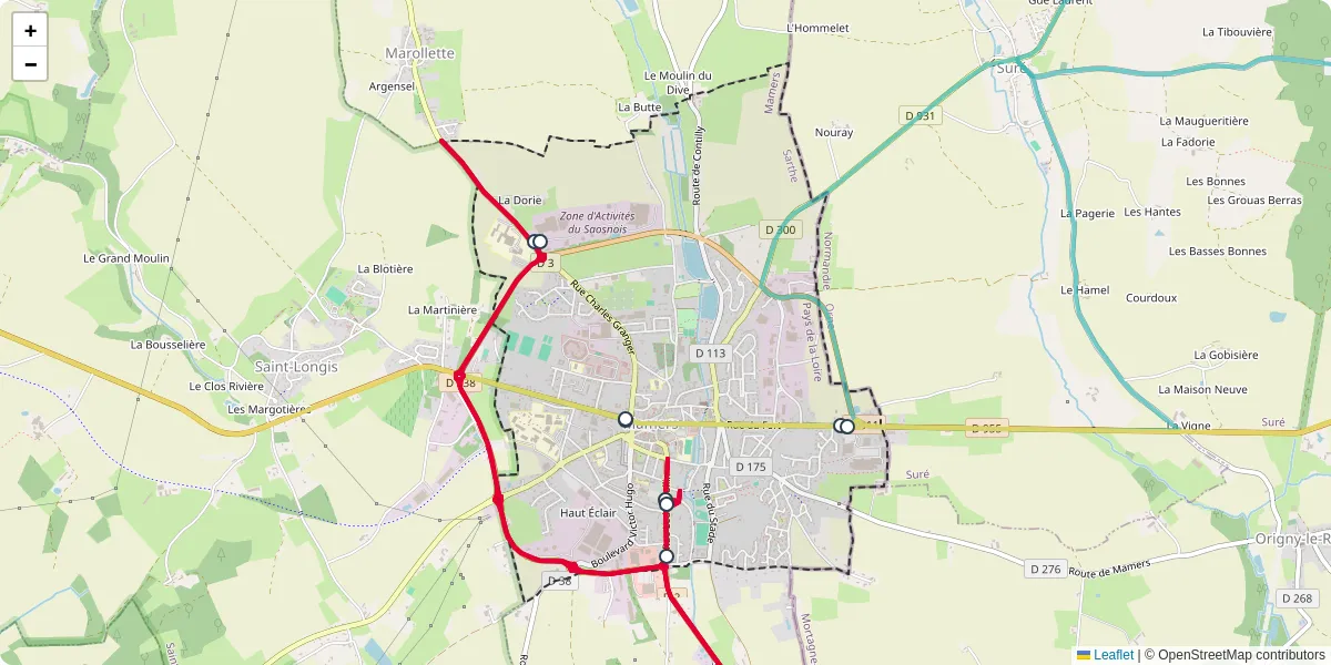 Carte du réseau de transport en commun à Mamers - lignes de bus et arrêts
