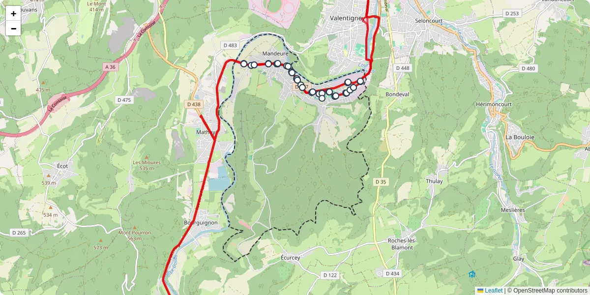 Carte du réseau de transport en commun à Mandeure - lignes de bus et arrêts