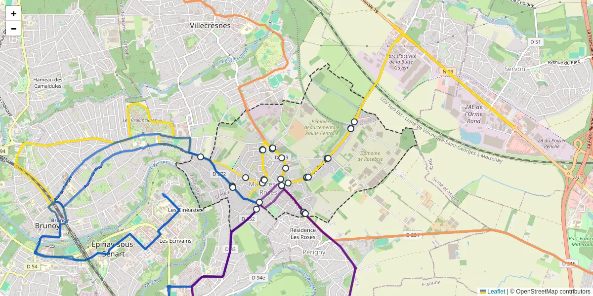Carte du réseau de transport en commun à Mandres-les-Roses - lignes de bus et arrêts