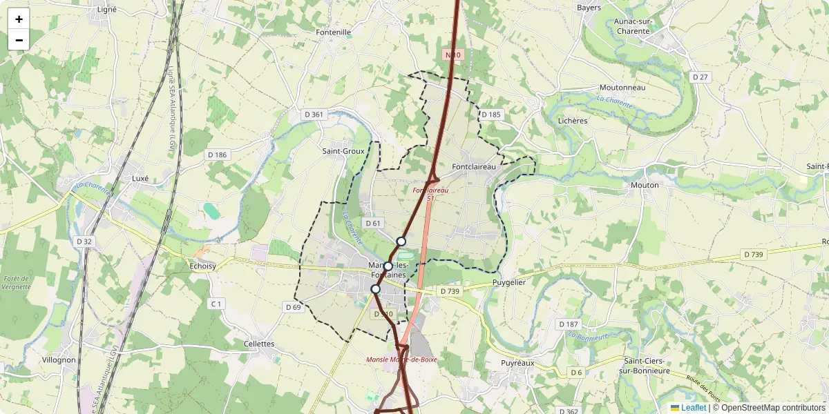 Carte du réseau de transport en commun à Mansle-les-Fontaines - lignes de bus et arrêts