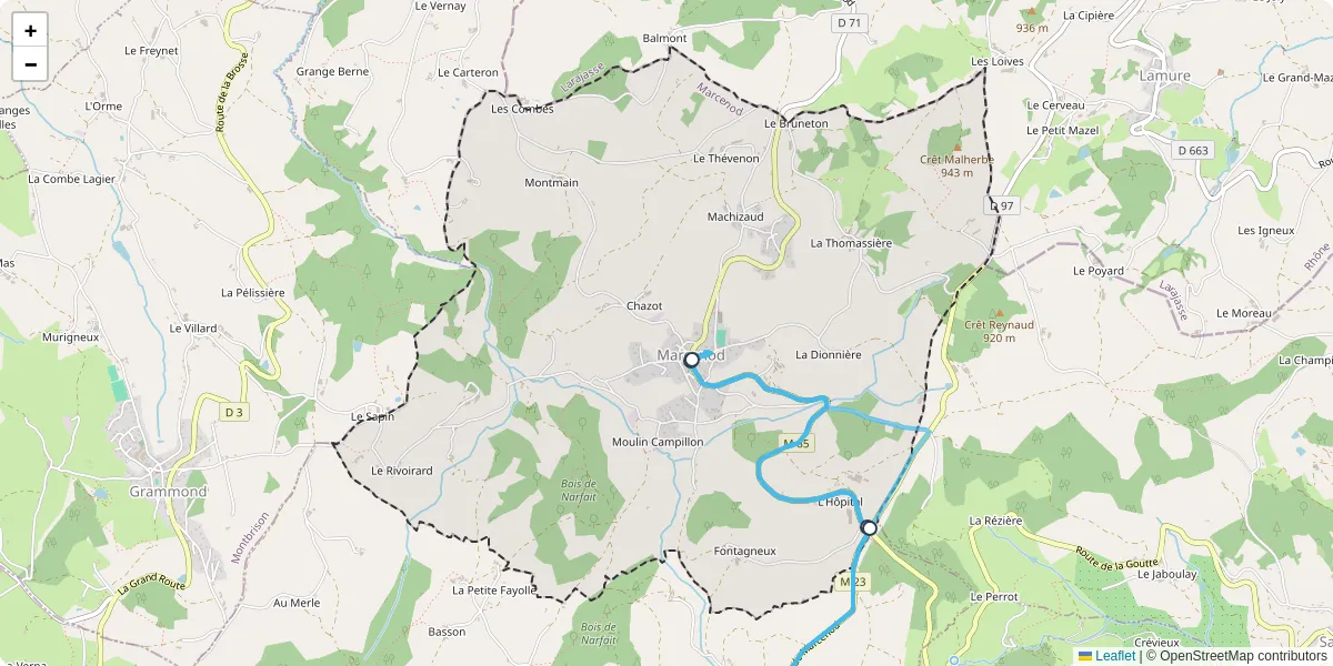 Carte du réseau de transport en commun à Marcenod - lignes de bus et arrêts
