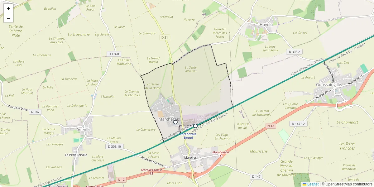 Carte du réseau de transport en commun à Marchezais - lignes de bus et arrêts