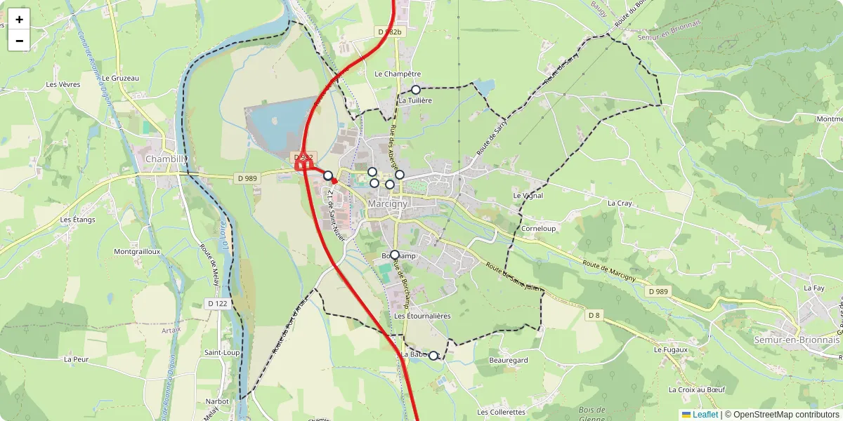 Carte du réseau de transport en commun à Marcigny - lignes de bus et arrêts