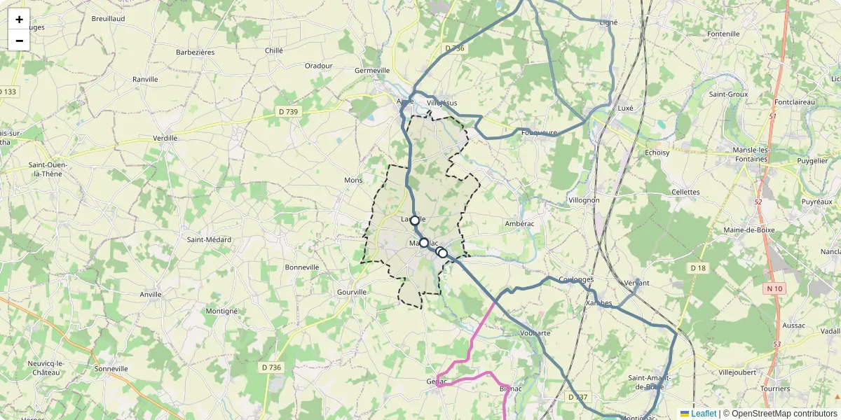 Carte du réseau de transport en commun à Marcillac-Lanville - lignes de bus et arrêts