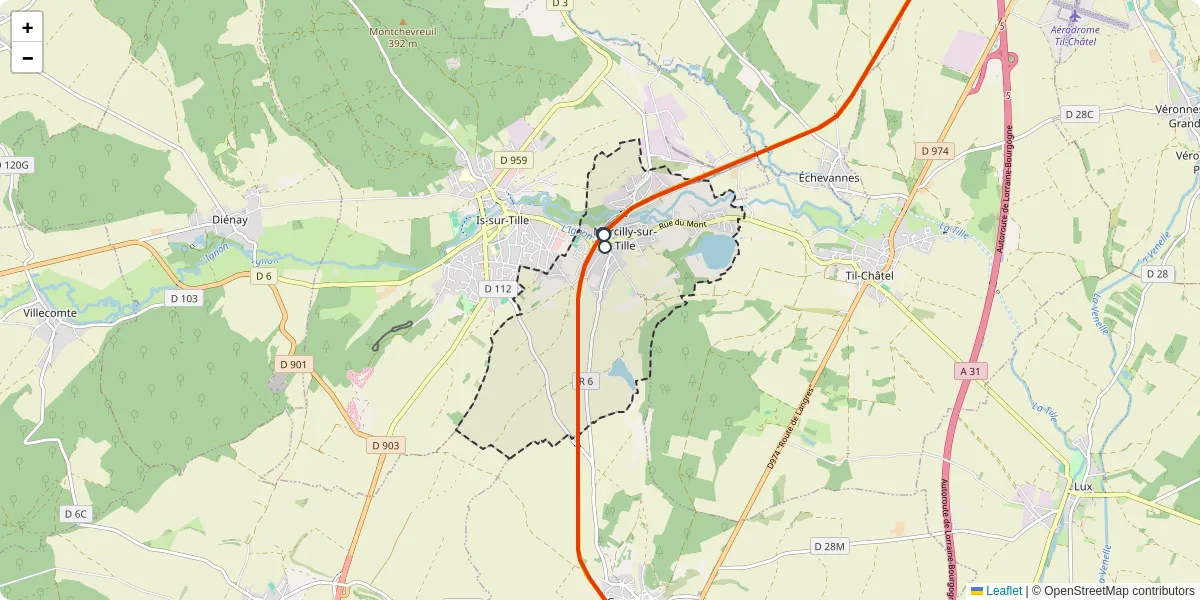 Carte du réseau de transport en commun à Marcilly-sur-Tille - lignes de bus et arrêts