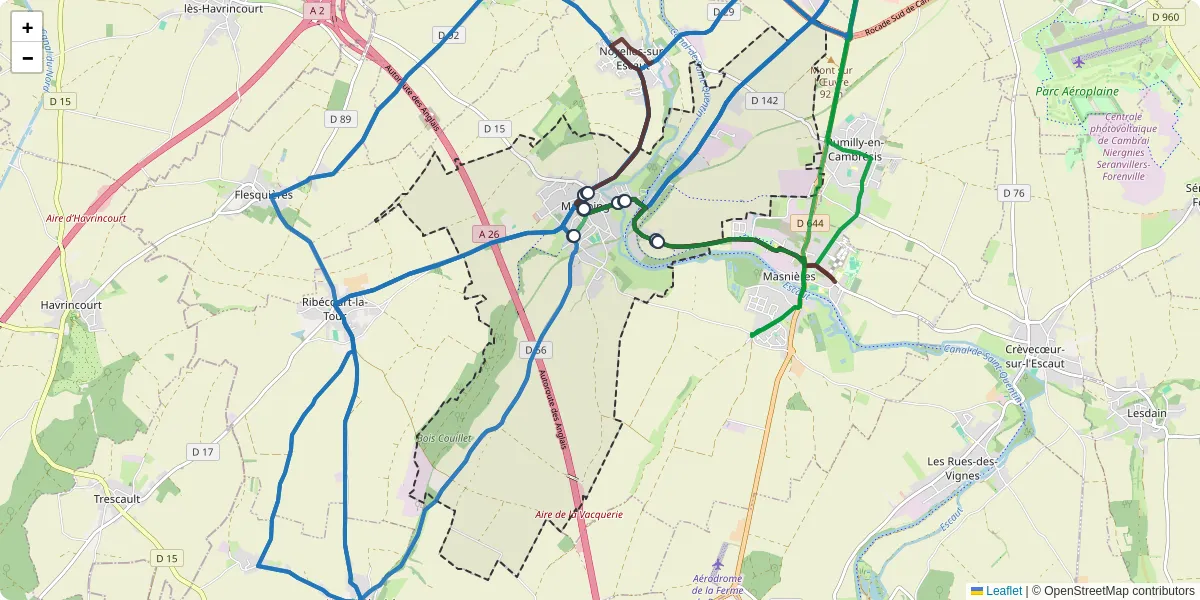 Carte du réseau de transport en commun à Marcoing - lignes de bus et arrêts