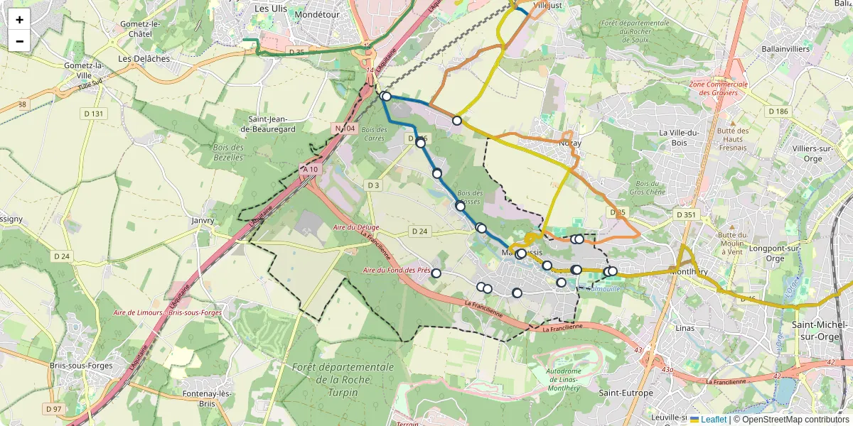 Carte du réseau de transport en commun à Marcoussis - lignes de bus et arrêts