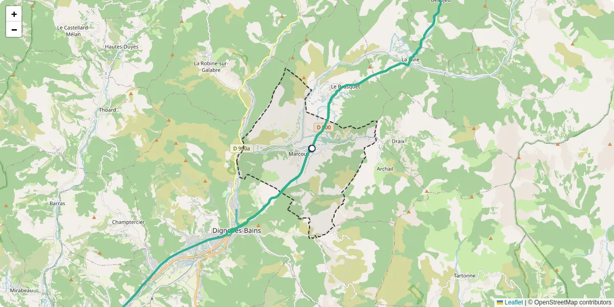 Carte du réseau de transport en commun à Marcoux - lignes de bus et arrêts