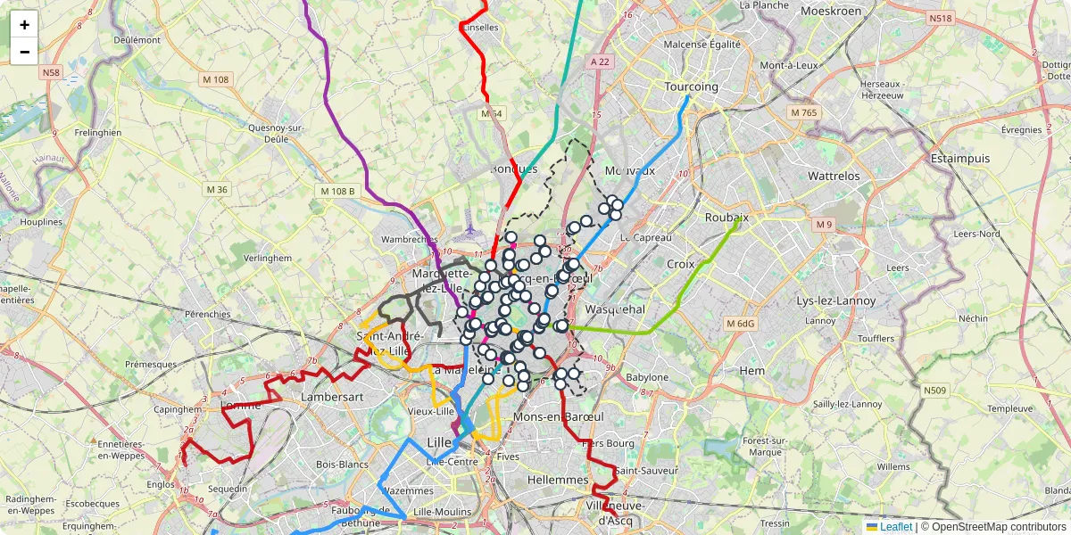 Carte du réseau de transport en commun à Marcq-en-Barœul - lignes de bus et arrêts
