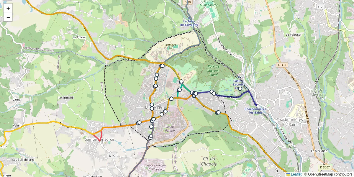 Carte du réseau de transport en commun à Marcy-l'Étoile - lignes de bus et arrêts