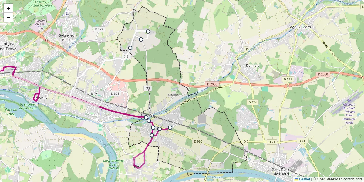 Carte du réseau de transport en commun à Mardié - lignes de bus et arrêts