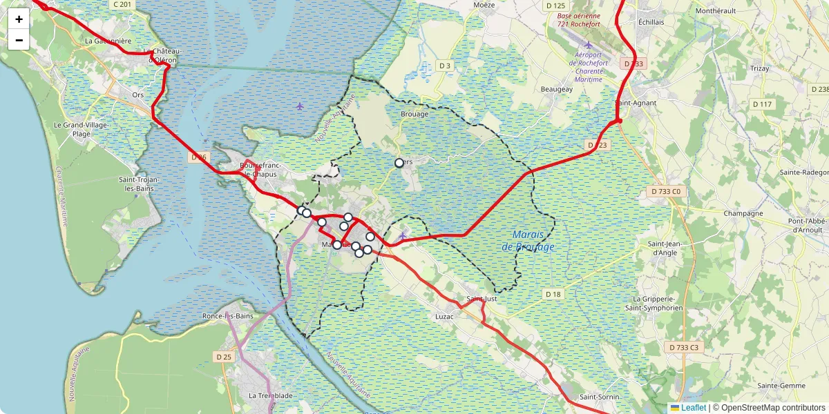 Carte du réseau de transport en commun à Marennes-Hiers-Brouage - lignes de bus et arrêts