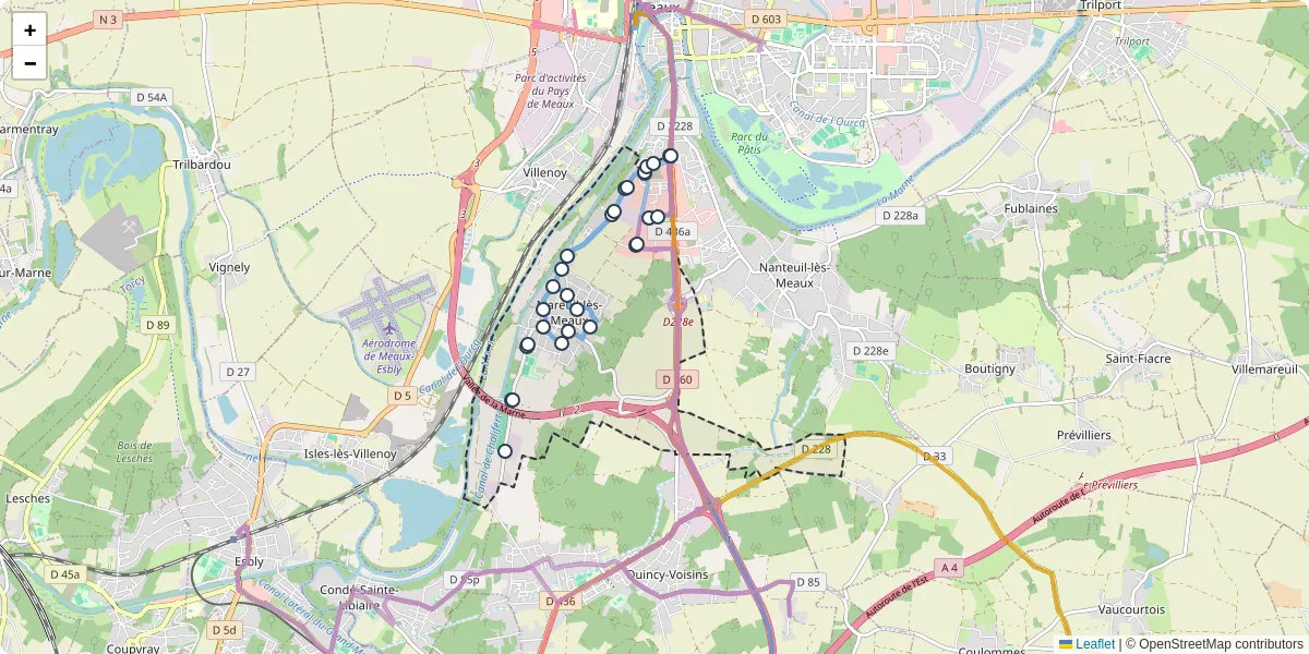 Carte du réseau de transport en commun à Mareuil-lès-Meaux - lignes de bus et arrêts