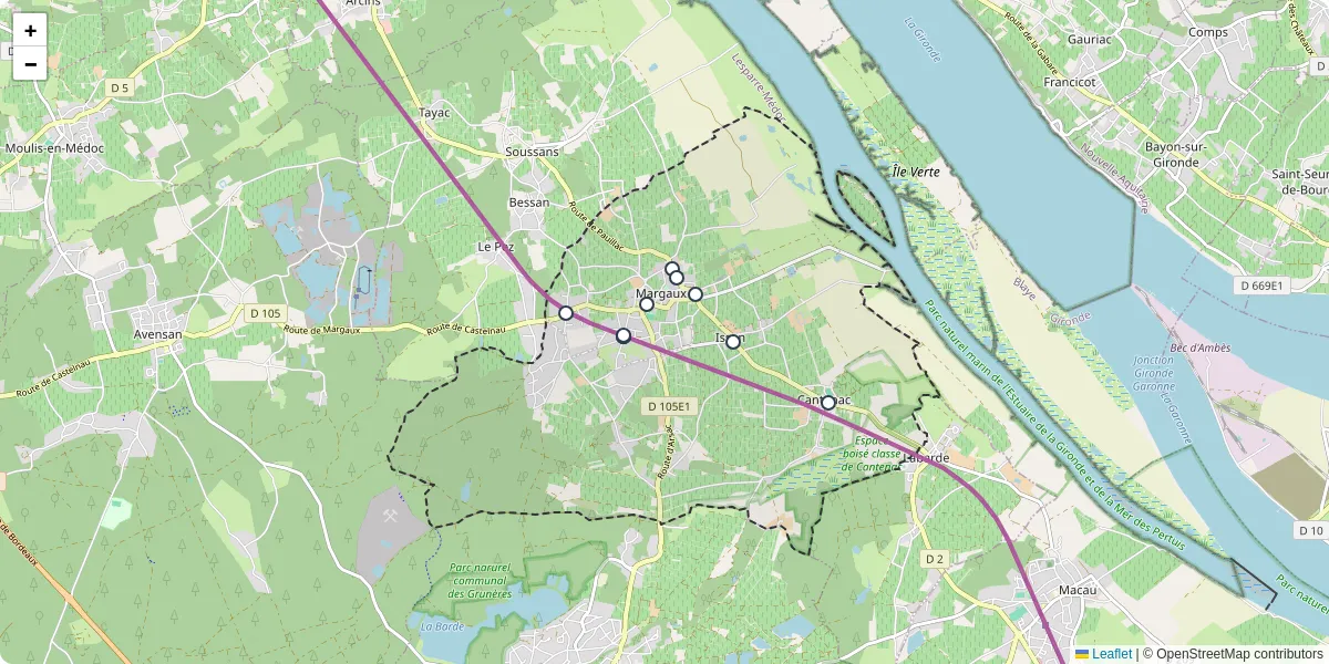 Carte du réseau de transport en commun à Margaux-Cantenac - lignes de bus et arrêts
