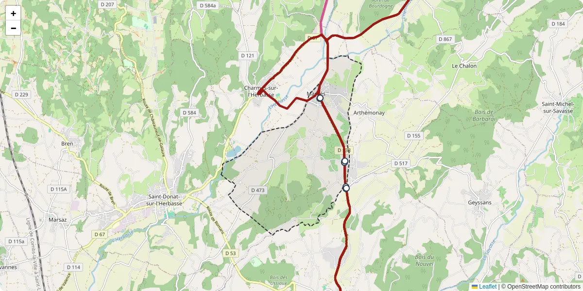 Carte du réseau de transport en commun à Margès - lignes de bus et arrêts